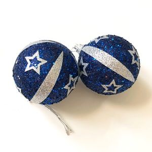 Modern Small Spherical Blue & Silver Glittered Christmas Ornament with Stars